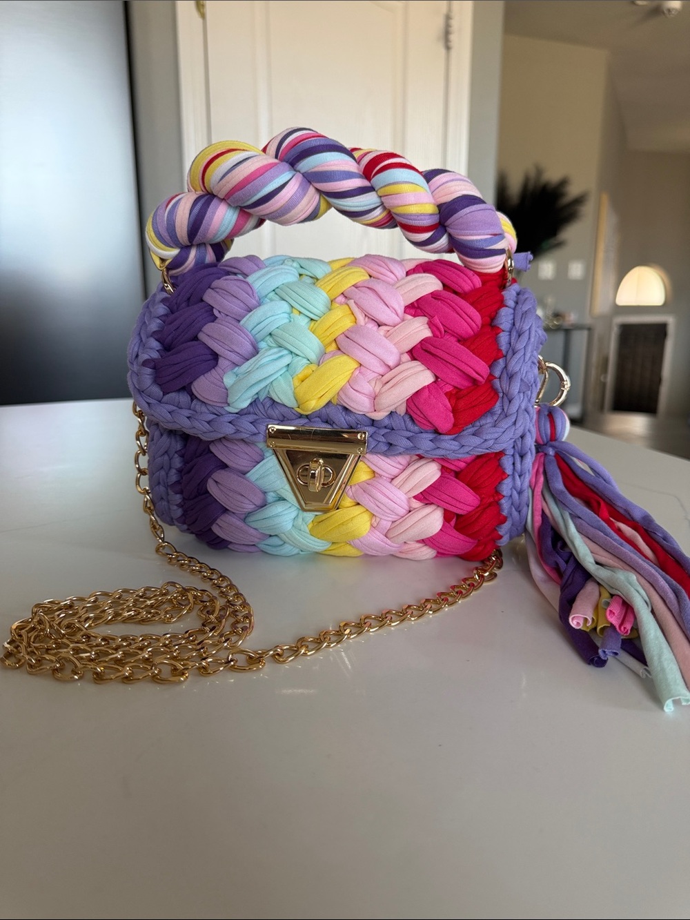 Multicolor Braided Crossbody Bag with Gold Chain